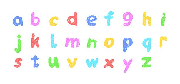 istock Colorful English alphabet hand-drawn in a crayon. Lowercase color letters in chalk, pastel, or wax style. Highlighter effect on white board for kindergarten drawing and learning. Vector illustration 2220955501