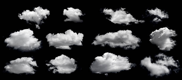 istock Clouds set isolated on black background. White cloudiness, mist or smog background. Design elements on the topic of the weather. White cloud collection. 2220958400