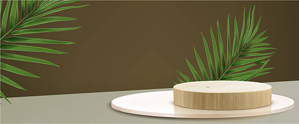 istock Luxury wooden podium display with palm leaves 2220960107