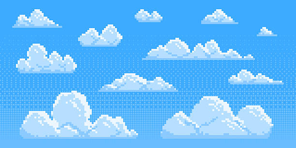 Pixel clouds set for game background - fluffy cumulus cloudscape in 8 bit style. Cartoon sky elements, retro gaming sprites, pixelated aerial landscape assets. Decorative nostalgic pixelart designs.