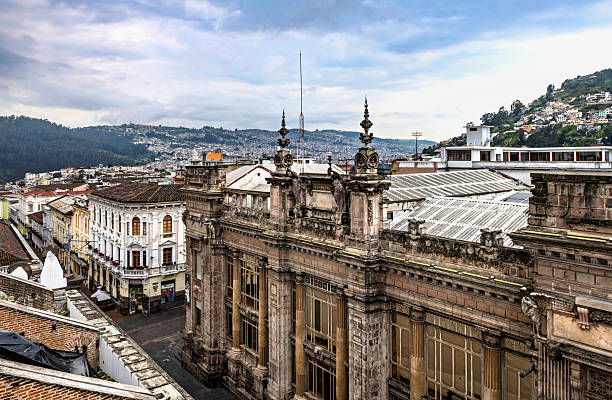 Quito, Ecuador, October 19, 2022: View of the old colonial houses in the historic district of Quito on a cloudy day.