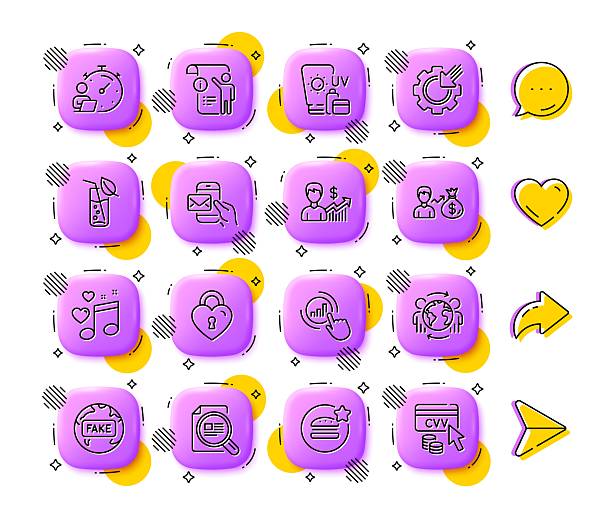 Best food, Seo gear and Global business line icons. For web app, printing. App 3d buttons icons. Vector Best food, Seo gear and Global business line icons. App 3d buttons. Social media comment, share, like icons. Pack of Business growth, Check article, Sunscreen icon. Vector cvc stock illustrations