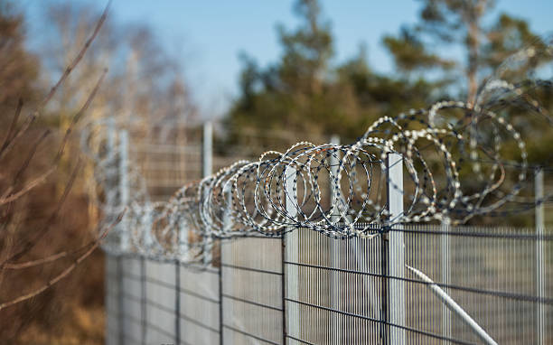 istock Extended razor wire fence protecting forest perimeter.. 2220983185