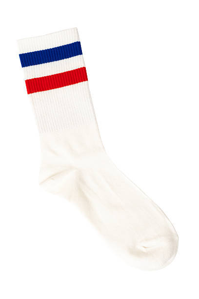 istock White sock with red and blue stripes on a white background 2220987555
