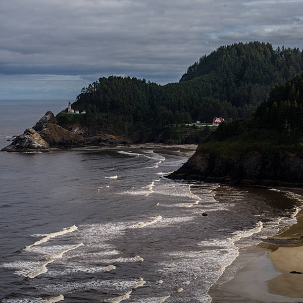 The Pacific Ocean’s waves break gently along the sandy shore beneath the forested cliffs of Heceta Head, with the historic lighthouse standing watch above.