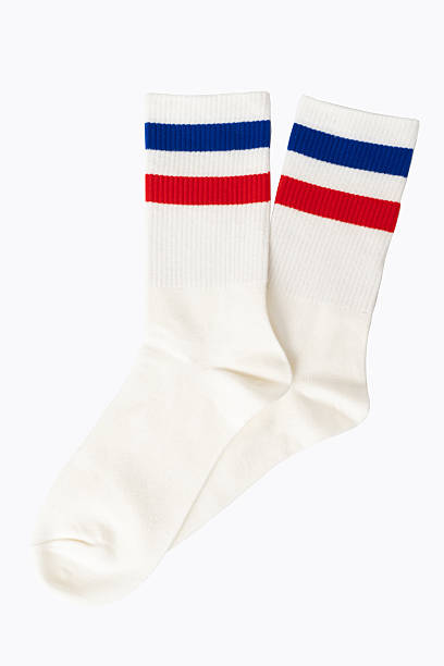 White cotton socks with red and blue stripes on top