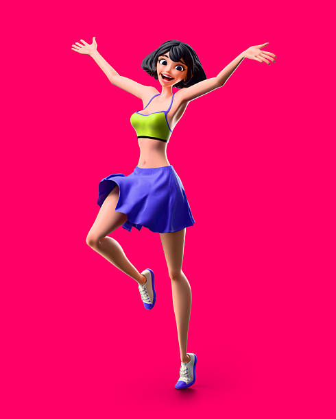 3D illustration of a dancing girl. She is wearing a top and skirt and sneakers. Poses on a pink background, creating an atmosphere of joy and movement.