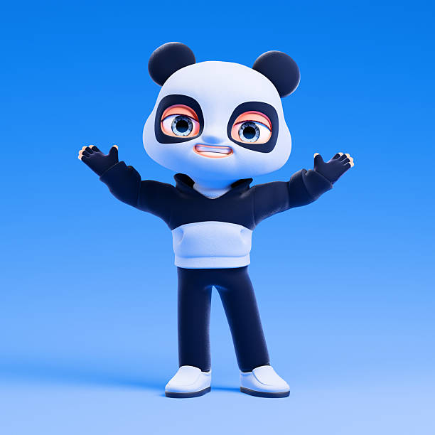 3D illustration of a stylized character in a panda suit. The character stands on a blue background and raises his hands in the air.