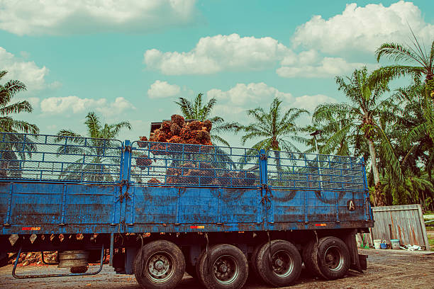 Crane truck with laotian workers in Vientiane is passing street. Men are gesturing and showing thumbs up spontaneausly