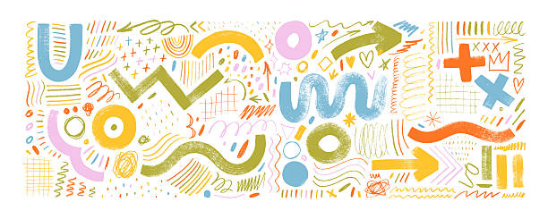 istock Set of brush drawn abstract geometric shapes, squiggles and scribbles. Hand drawn memphis elements, doodles. Funky trendy shapes, crayon squiggles. Thin an bold colorful grunge brush strokes. 2220993645