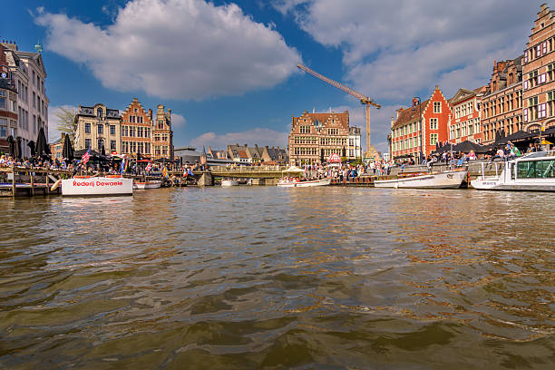 View from Leie river in the historic city center in Ghent (Gent), Belgium