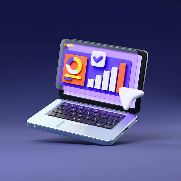 istock Modern 3D notebook with graphs and icons on the screen on a dark background 2220997672