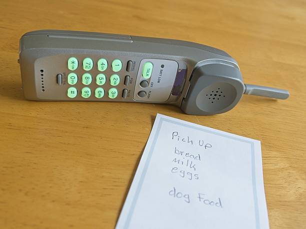 Vintage cordless phone with shopping list on table. Concept of spouse ready to call about shopping needs in domestic room.