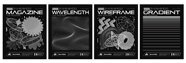 Vector illustration of a Set of Retro Brutalist pixelated and wireframe geometric 3D shapes poster magazine design template with 2000s style Y2K Style. Download features vector EPS and high resolution jpg download.