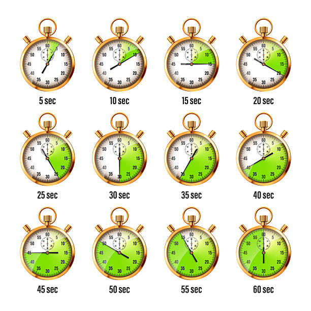 istock Realistic classic stopwatch. Shiny golden metal chronometer, time counter with dial. Green countdown timer showing minutes and seconds. Time measurement for sport, start, finish. Vector illustration 2221009235