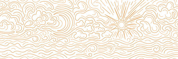 Moon, sea and sky. Marine minimal pattern. Line wave and ocean. Japanese texture, abstract ornament. Elegant graphic. Magic astrology, esoteric, print for tarot. Chinese decorative vector ornament