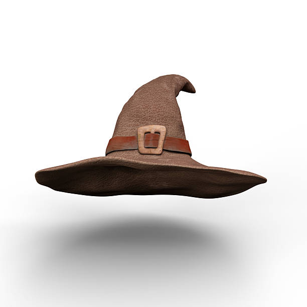 A detailed image of a brown pointed witch hat featuring an intricate texture and buckle. 3D Illustration. File with Clipping Path.