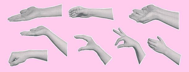 Halftone hands with holding gesture collage set. Cutout opened female arms palm for mixed media design. Pieces of newspaper or magazine elements. Vector retro illustration isolated on pink backdrop.