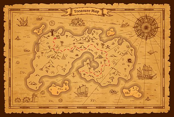 Pirate treasure island ancient map on vector old parchment paper, vintage compass rose and corsair ships. Antique treasure map of islands and sea with route to pirate gold, desert, mountains and trees