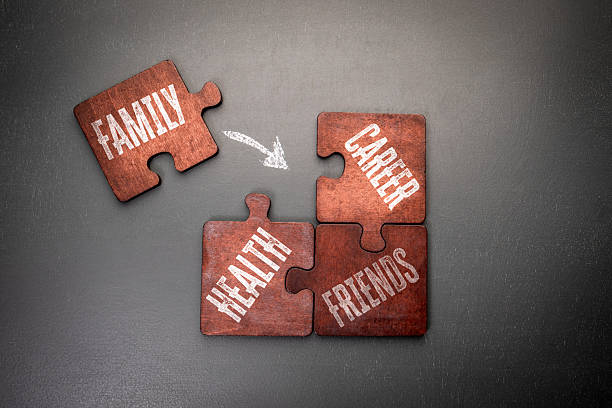 istock Work life balance concept. Wooden puzzle pieces with text on a dark office table 2221041874
