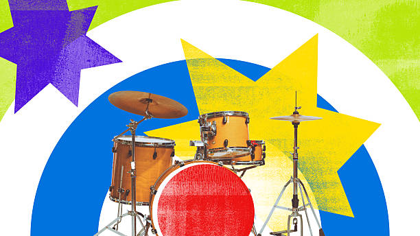 istock Poster. Conceptual art design. Drum kit explodes with visual energy under stars and shapes, marking peak beat of night. Bass Drop Moment 2221043458