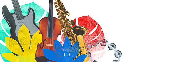 Banner. Conceptual art collage. Instruments bloom from stylized leaves like jungle flora, mixing genres in wild harmony. Music Fusion Garden. Concept of genre mix, creative unity, fusion of sounds