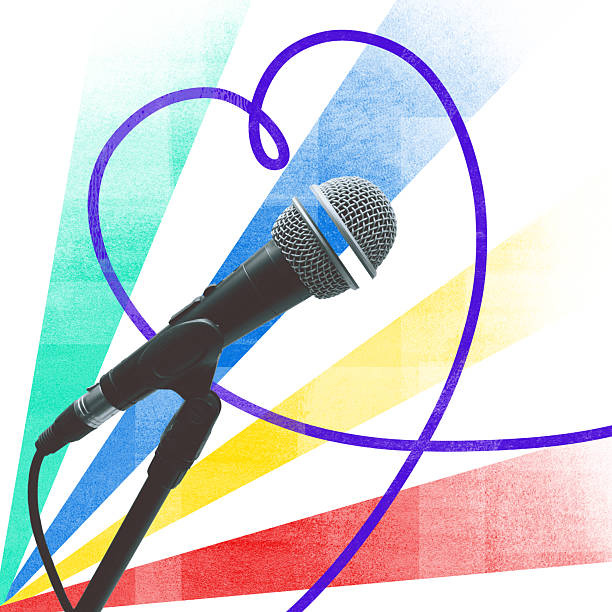 istock Contemporary art collage. Microphone wrapped in heart-shaped cable radiates colored waves of passion. Backstage Pulse 2221043463