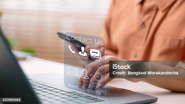 Customer Support Phone Customer Using Laptop And Smartphone With Virtual Contact Us Interface ...