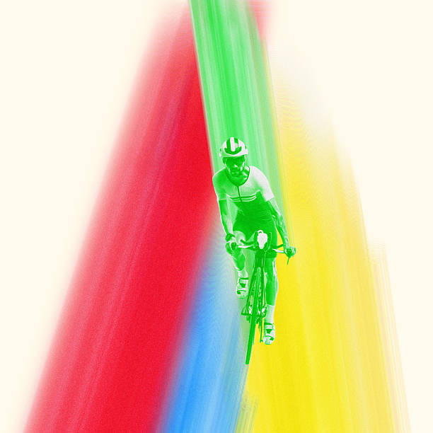 Minimalist pop art collage. Cyclist riding forward through vertical color streak, symbolizing motion and focus. Gradient and motion blur technique. Concept of sport, endurance, speed and performance
