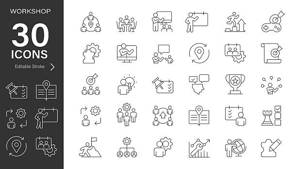 illustrations, cliparts, dessins animés et icônes de ensemble d’icônes vectorielles de ligne d’atelier. pixel parfait. trait modifiable. illustration. symbole de l’icône, leadership, aspirations - engagement des employés