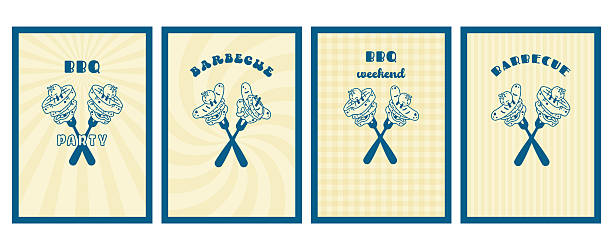 Barbecue posters set in retro style. Carving fork with steaks, sausage, vegetables. Meat fried food on fork. Beef steak, grilled sausage close up. Vector illustration for menus, invitation, wall art