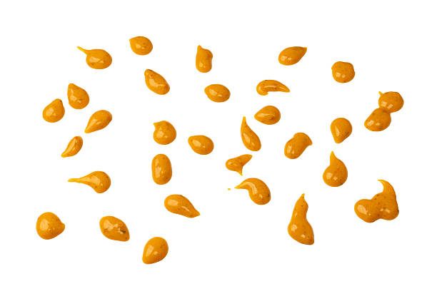 Yellow sauce splashes as a background. Top view.