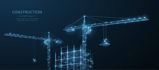 ilustrações de stock, clip art, desenhos animados e ícones de construction. polygonal wireframe building under crune on dark blue night sky with dots, stars. - guindaste maquinaria de construção