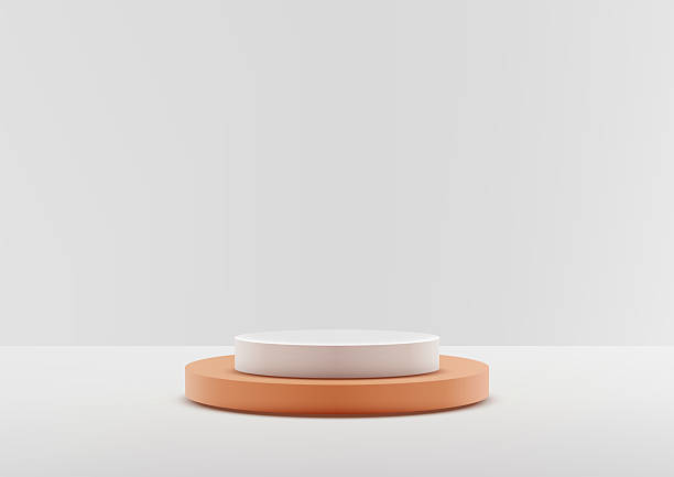 istock minimalist white cylindrical podium on orange base, clean product display mockup on light gray background, modern showcase stand 2221069495