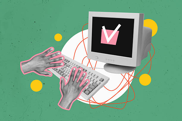 istock Creative design composite trend artwork collage of profession online programmer job freelancer work hand type obsolete computer monitor 2221070686