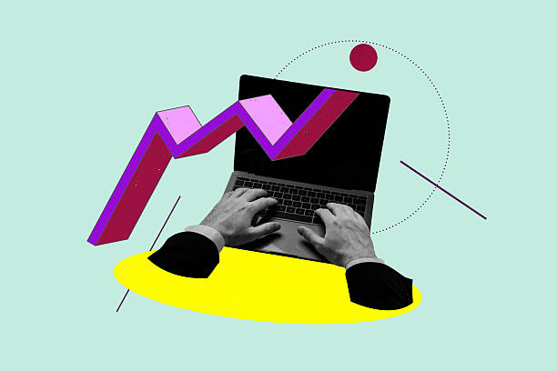 istock Contemporary art collage of hands type laptop keypad programming arrow development progress success statistics progress goal 2221072099