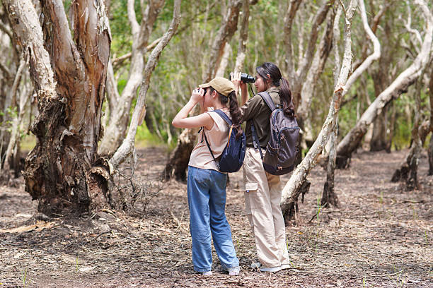 istock Two Asian sisters explore a peat swamp ecosystem with binoculars on a weekend getaway. 2221077599
