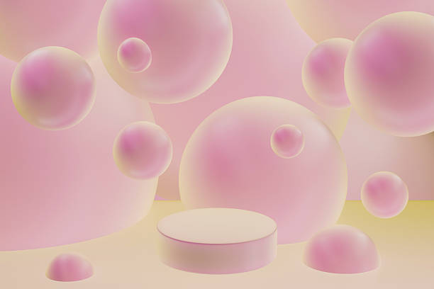 istock 3D realistic podium background - one pink round podium, ethereal floating bubbles in pastel pink hues. Mockup, 3D rendering, template. Gentle elegant stage for display product, scene showcase. 2221081030