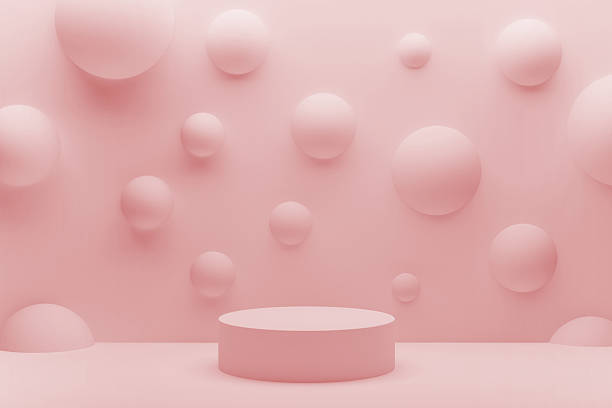istock Pastel pink one round podium background, mockup. Abstract stage - wall with floating smooth, soft, spheres. Serenity scene for presentation cosmetic, showing products, displaying goods. 3D rendering. 2221081344