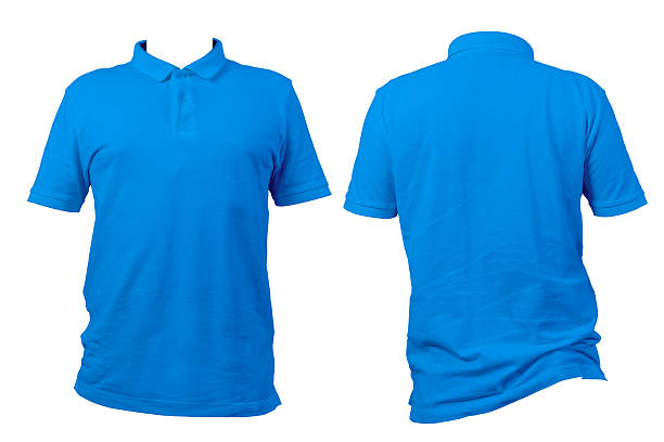 istock Blue polo shirt front and back view isolated on white background, blank short sleeve collar t-shirt for design 2221085271