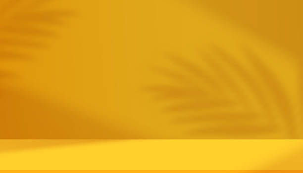 istock Yellow Background with Light,Shadow Palm leaf on 3d Podium Display for Summer Product Design Banner,Vector Abstract minimalist stage mockup of pedestal platform with white wall interior studio 2221088903