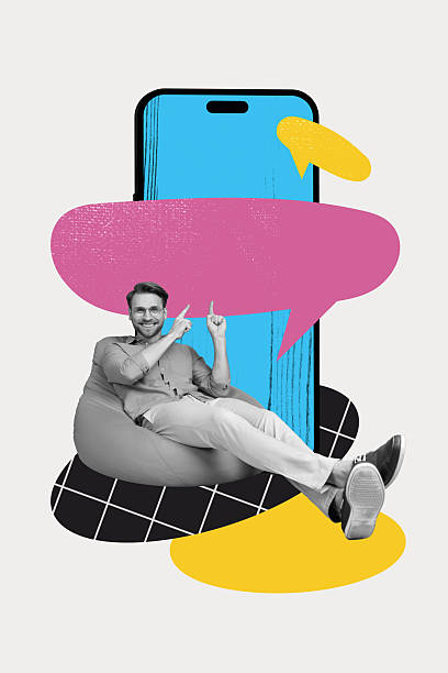istock 3d sketch image vertical collage of happy man sit beanbag point smartphone device screen bubble communication chat icon phrase 2221091559