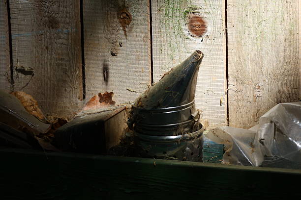 A close-up of an old metal beekeeping smoker resting against a weathered wooden wall. The device is partially covered in cobwebs, dry leaves, and dust, suggesting long-term disuse. The natural lighting emphasizes the textures of the rusted tin, aged wood, and plastic foil nearby. This evocative rural still life captures the quiet passage of time in a forgotten corner of a farm or apiary.