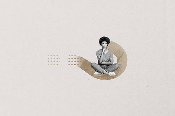 istock Trend composite sketch template 3D photo collage of creative idea brainstorming challenge solution young woman sit question think clueless 2221099217