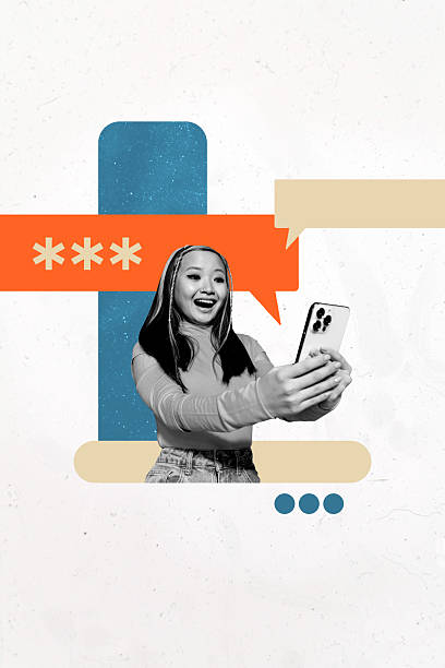 istock Creative trend artwork design collage sketch of young lady smile hand hold smartphone app code conversation balloon message dialog cloud 2221100977