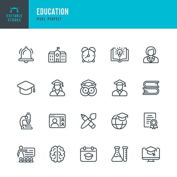 ilustraciones, imágenes clip art, dibujos animados e iconos de stock de educación - conjunto de iconos vectoriales de línea fina. píxel perfecto. trazo editable. el conjunto consta de íconos como estudiante, maestro, aula, libros, sombrero de graduado, pintura, aprendizaje en línea, despertador; cerebro, química, biolog� - edificio escolar