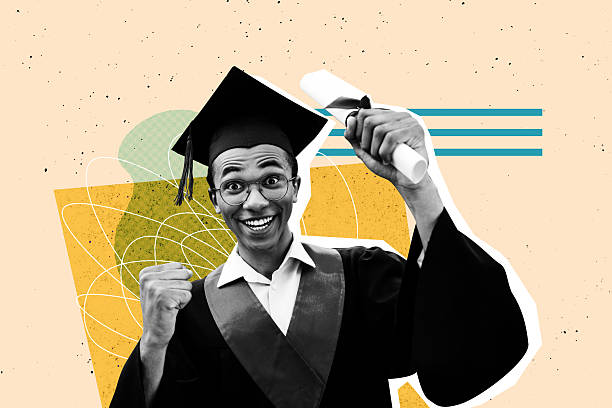 istock Image 3d zine vertical collage of happy guy student wear master degree graduation hat cape hold diploma roll finish education 2221105404