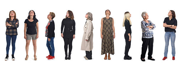 group of women looking up on white background
