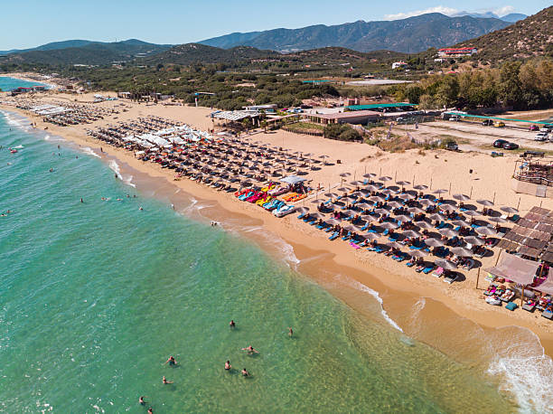 istock Sunny Beach with Umbrellas and Visitors During a Relaxing Summer Day 2221108443