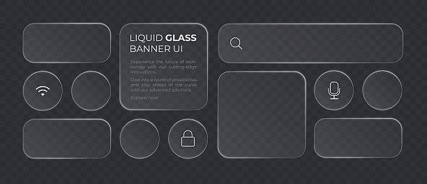 Liquid glass smartphone icon interface isolated for dark theme. White UI light frame square and circle banner with glow stroke. Control center widget for smartphone and web app, vector illustration.